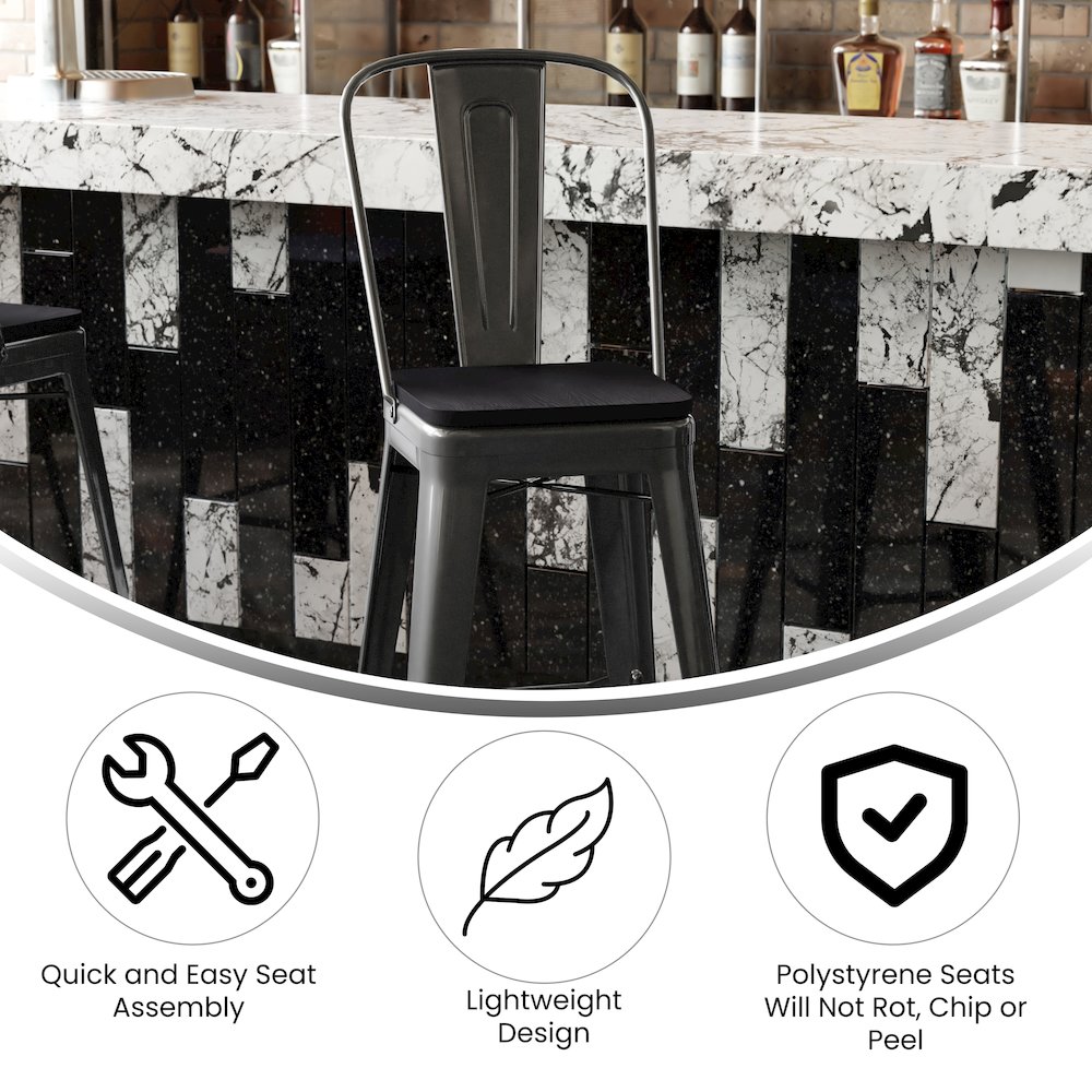 30" High Black Metal Bar Height Stool with Black All-Weather Poly Resin Seat. Picture 4