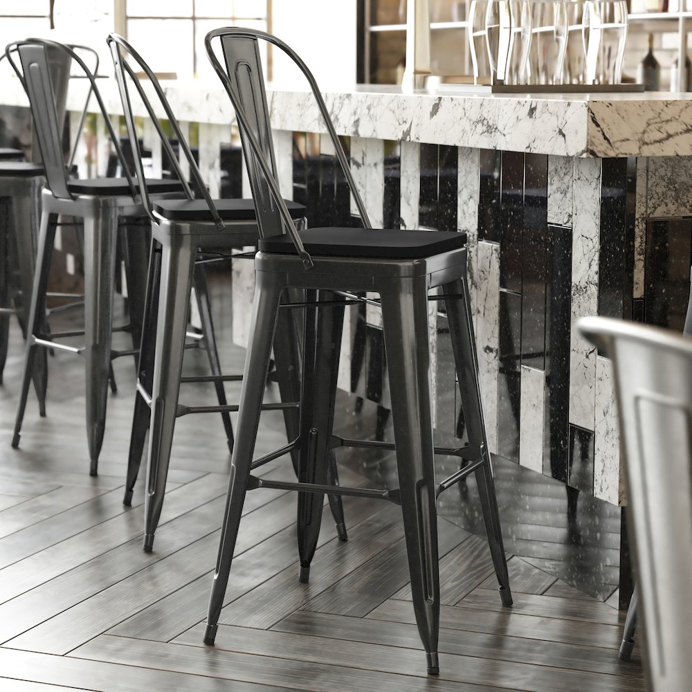 30" High Black Metal Bar Height Stool with Black All-Weather Poly Resin Seat. Picture 2