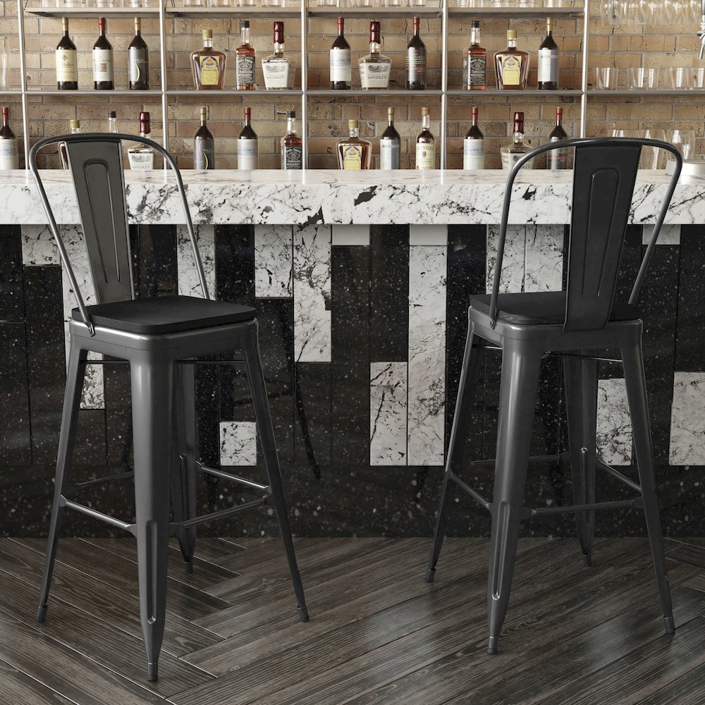 30" High Black Metal Bar Height Stool with Black All-Weather Poly Resin Seat. Picture 7