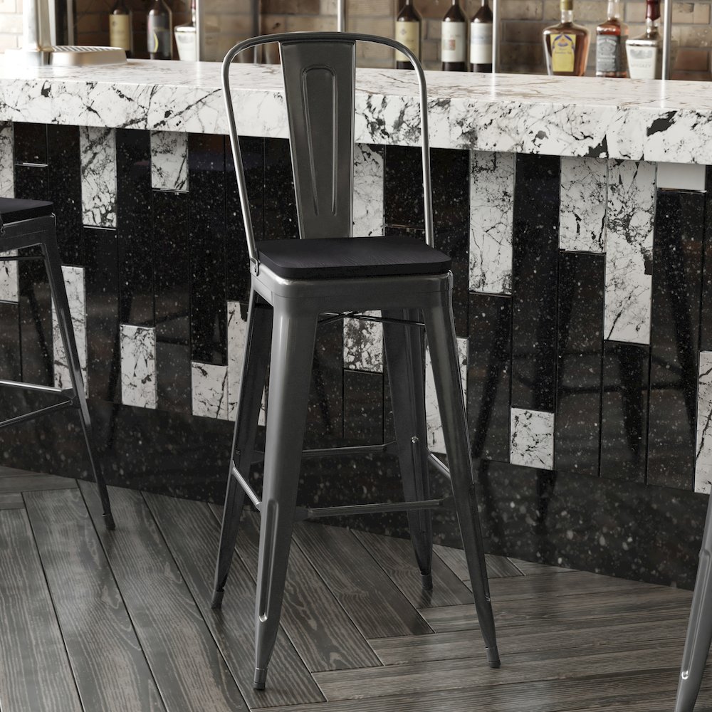 30" High Black Metal Bar Height Stool with Black All-Weather Poly Resin Seat. Picture 8