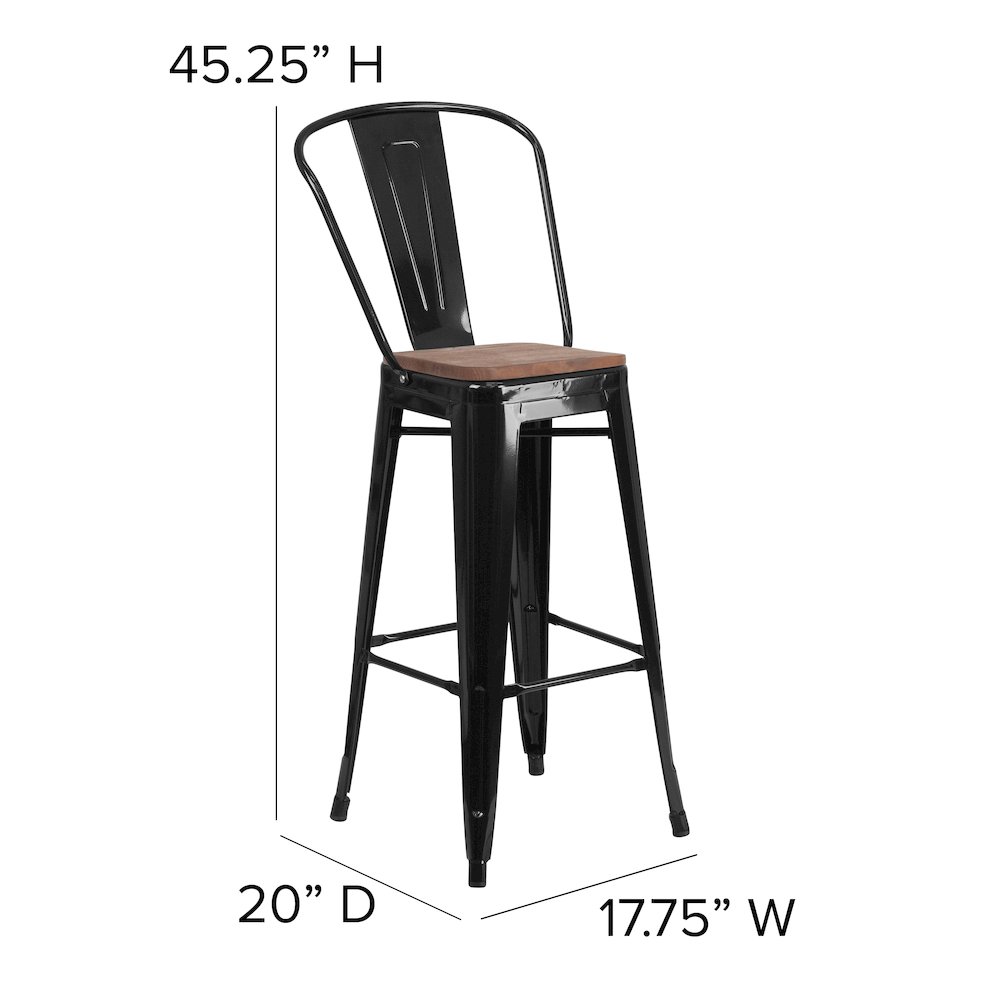 30" High Black Metal Barstool with Back and Wood Seat. Picture 5