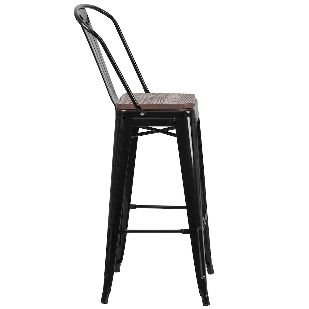 30" High Black Metal Barstool with Back and Wood Seat. Picture 2