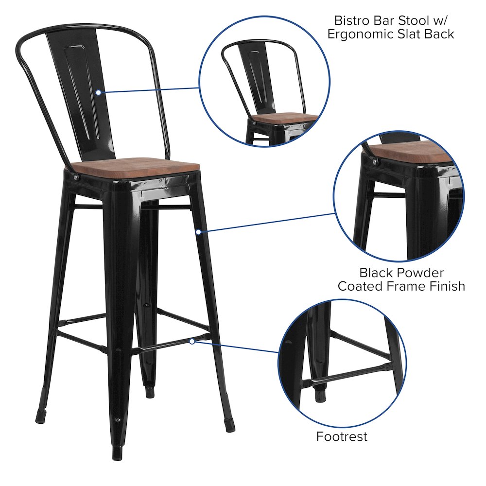 30" High Black Metal Barstool with Back and Wood Seat. Picture 4