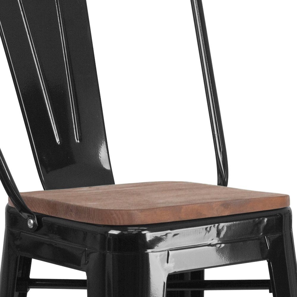 30" High Black Metal Barstool with Back and Wood Seat. Picture 7