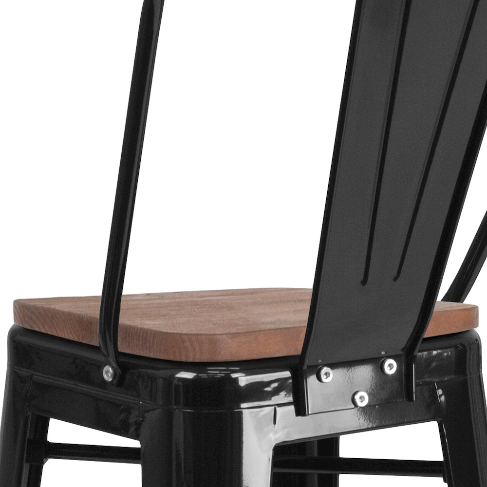 30" High Black Metal Barstool with Back and Wood Seat. Picture 10