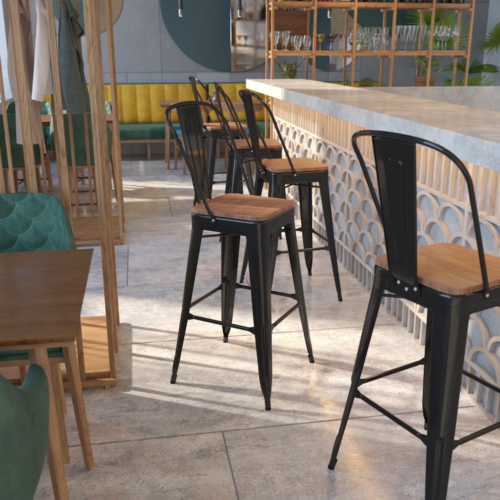 30" High Black Metal Barstool with Back and Wood Seat. Picture 5