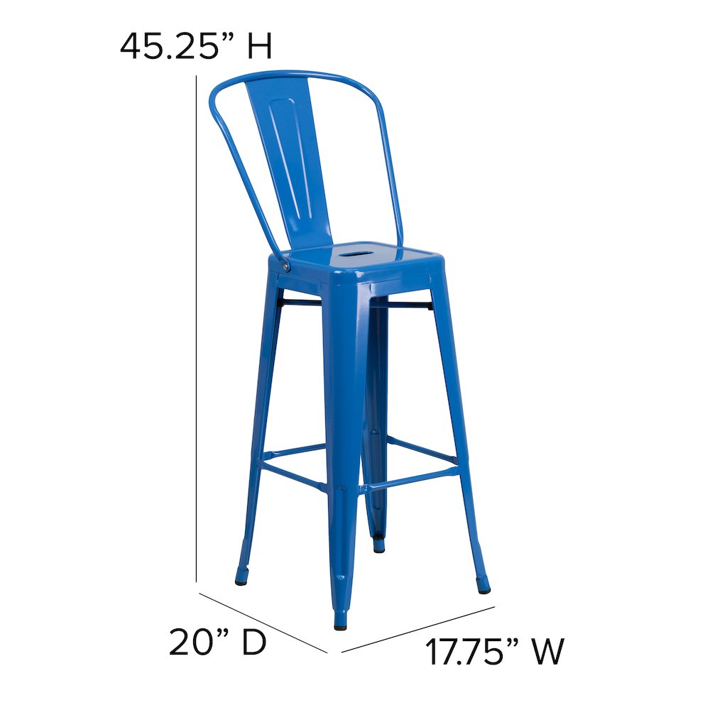 30" High Blue Metal Indoor-Outdoor Barstool with Removable Back. Picture 6