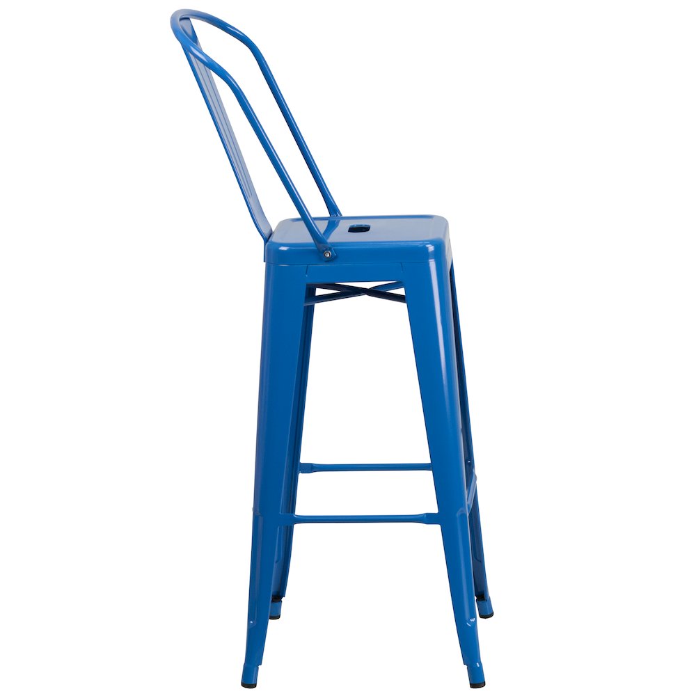 30" High Blue Metal Indoor-Outdoor Barstool with Removable Back. Picture 9