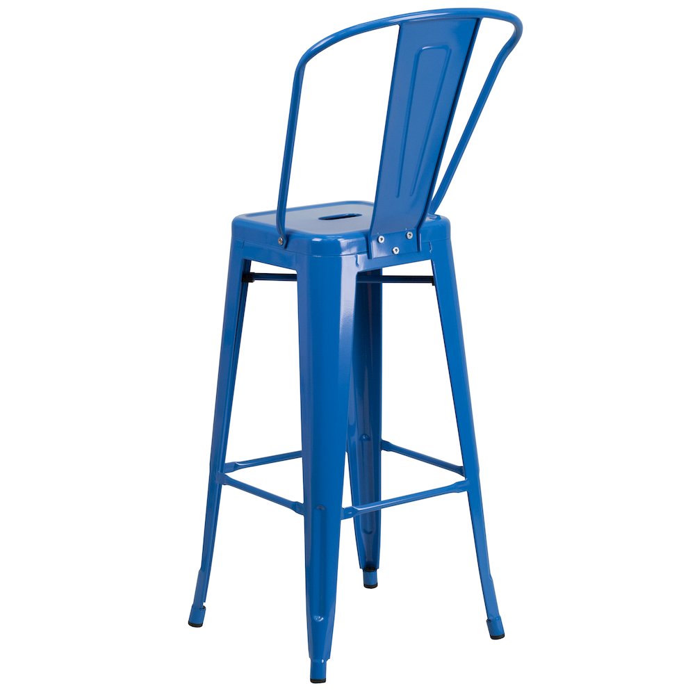 30" High Blue Metal Indoor-Outdoor Barstool with Removable Back. Picture 7