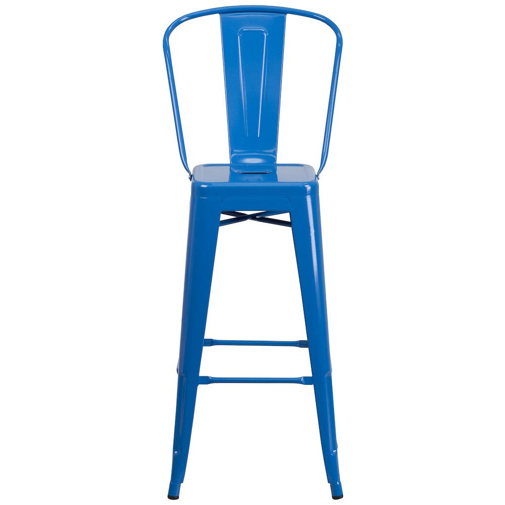 30" High Blue Metal Indoor-Outdoor Barstool with Removable Back. Picture 10