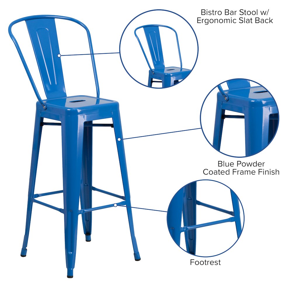 30" High Blue Metal Indoor-Outdoor Barstool with Removable Back. Picture 5