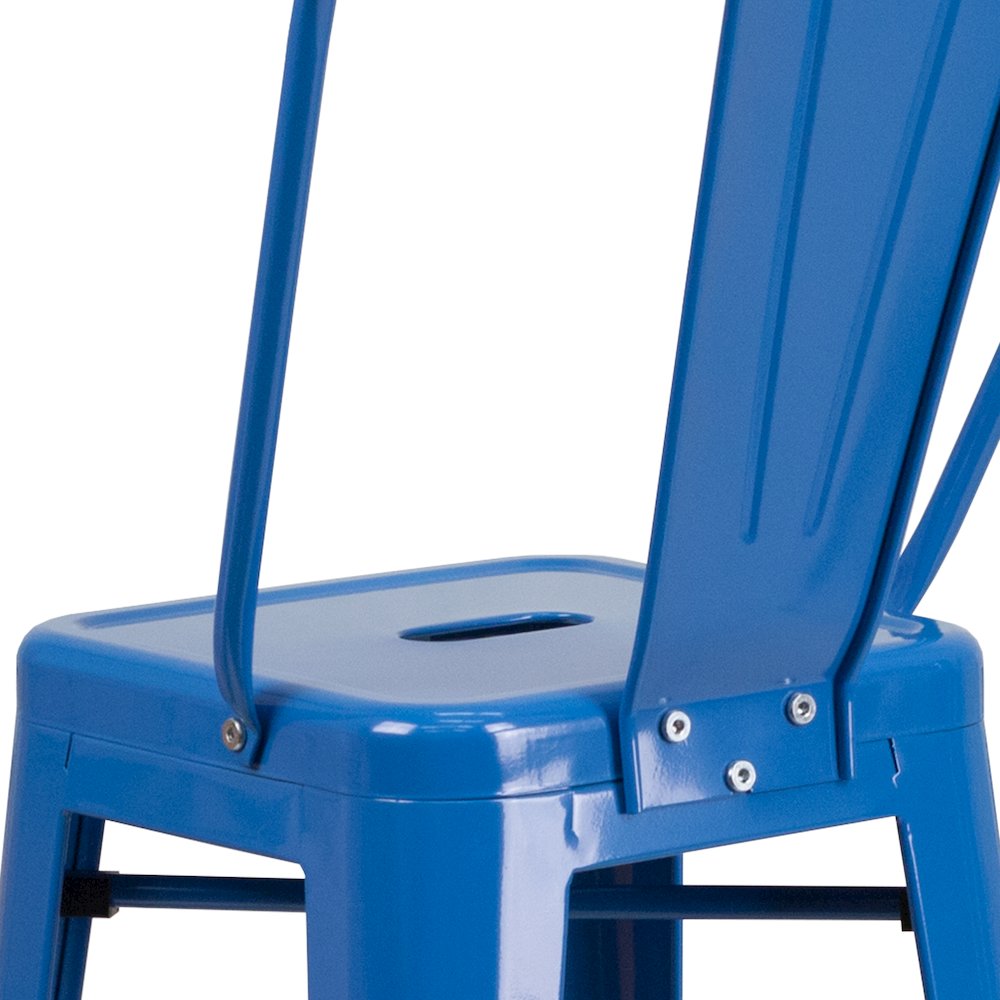 30" High Blue Metal Indoor-Outdoor Barstool with Removable Back. Picture 11