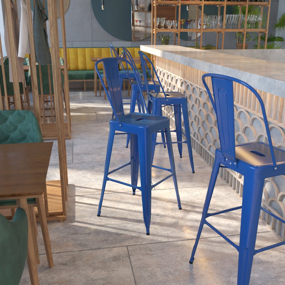 30" High Blue Metal Indoor-Outdoor Barstool with Removable Back. Picture 2