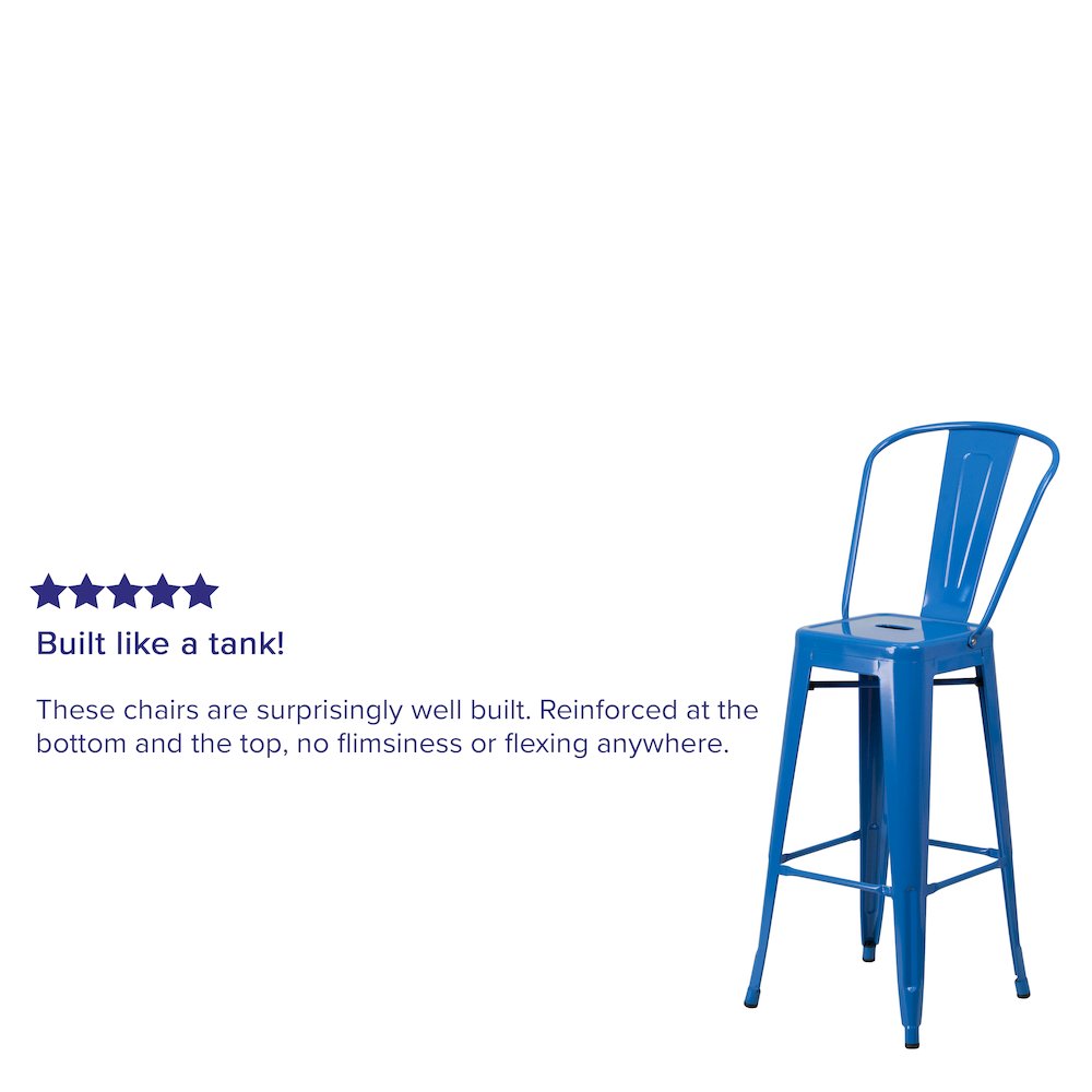 30" High Blue Metal Indoor-Outdoor Barstool with Removable Back. Picture 4