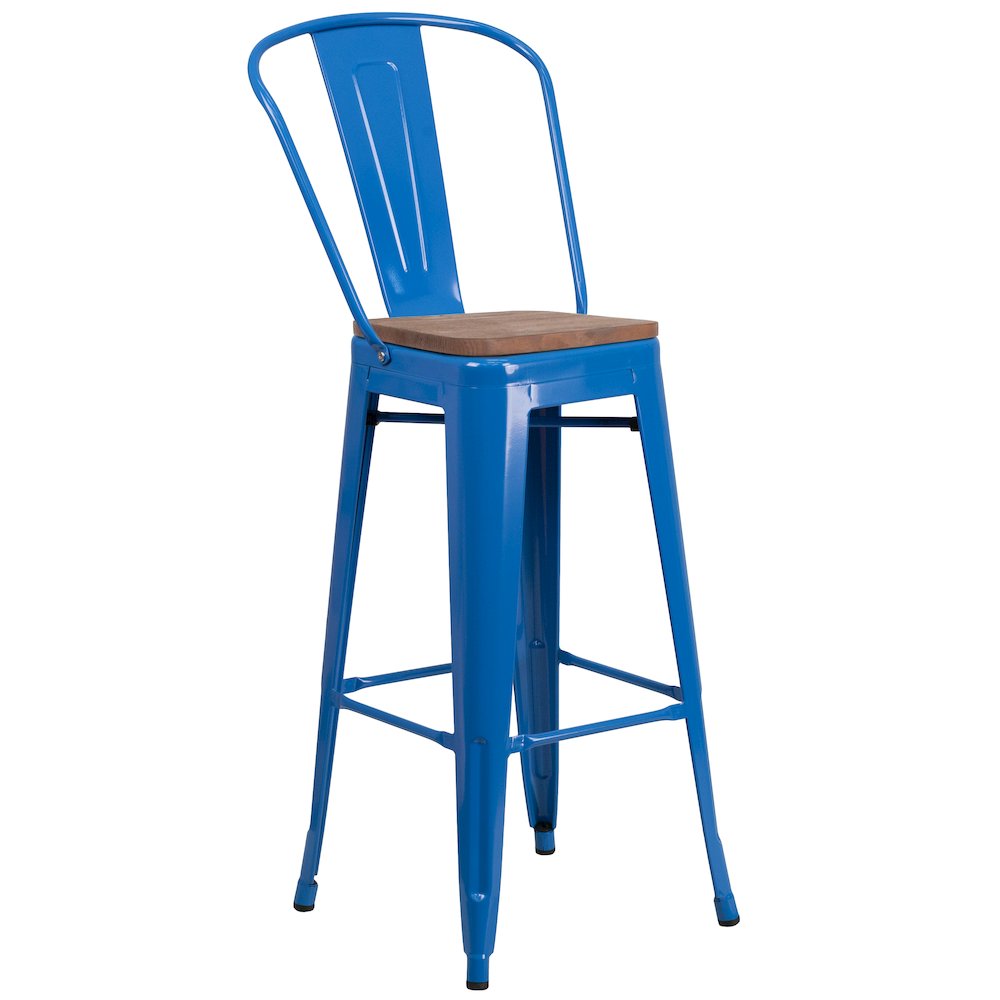 30" High Blue Metal Barstool with Back and Wood Seat. Picture 1