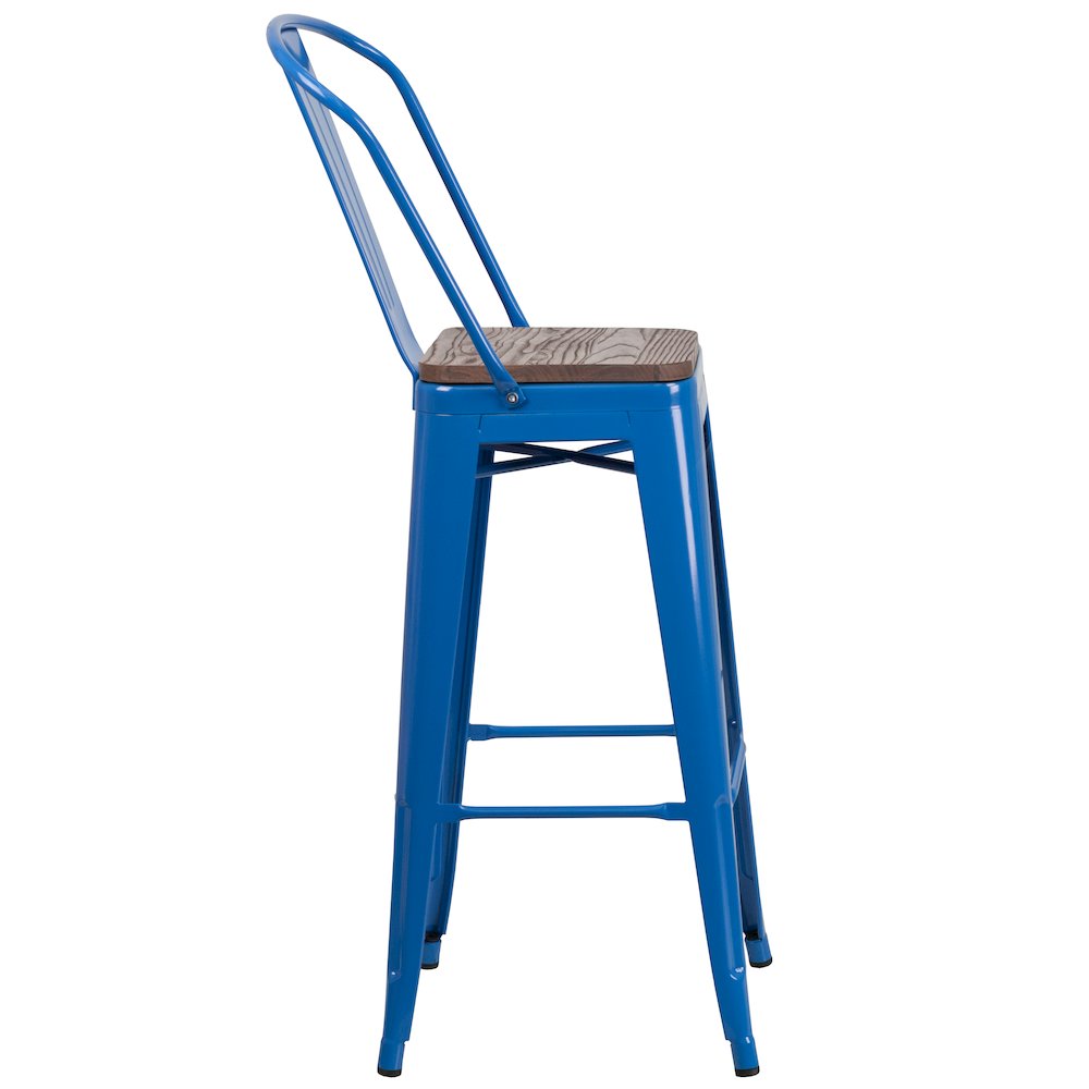 30" High Blue Metal Barstool with Back and Wood Seat. Picture 5