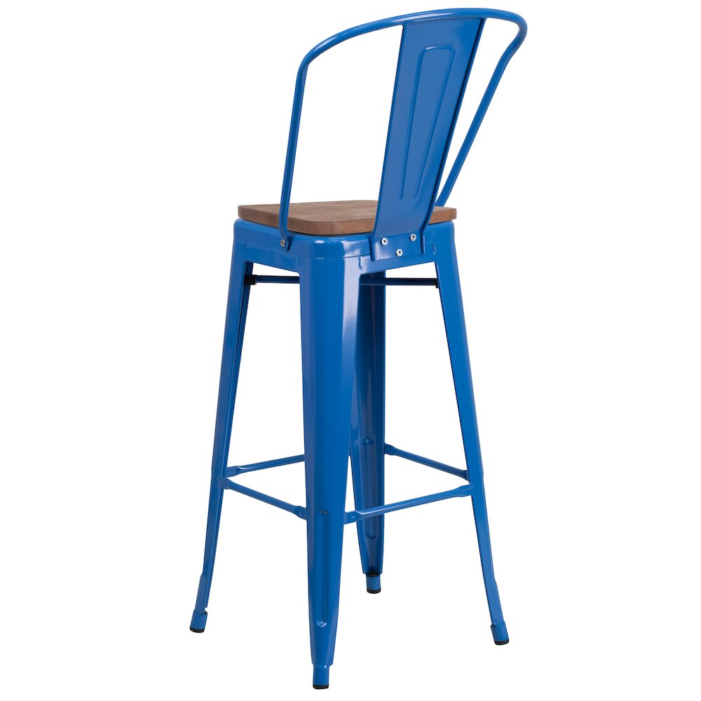30" High Blue Metal Barstool with Back and Wood Seat. Picture 4