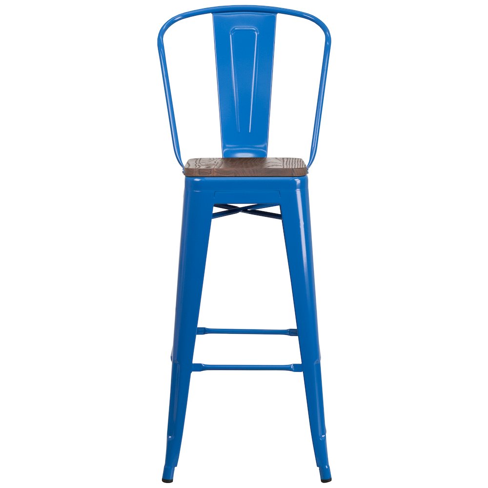 30" High Blue Metal Barstool with Back and Wood Seat. Picture 6