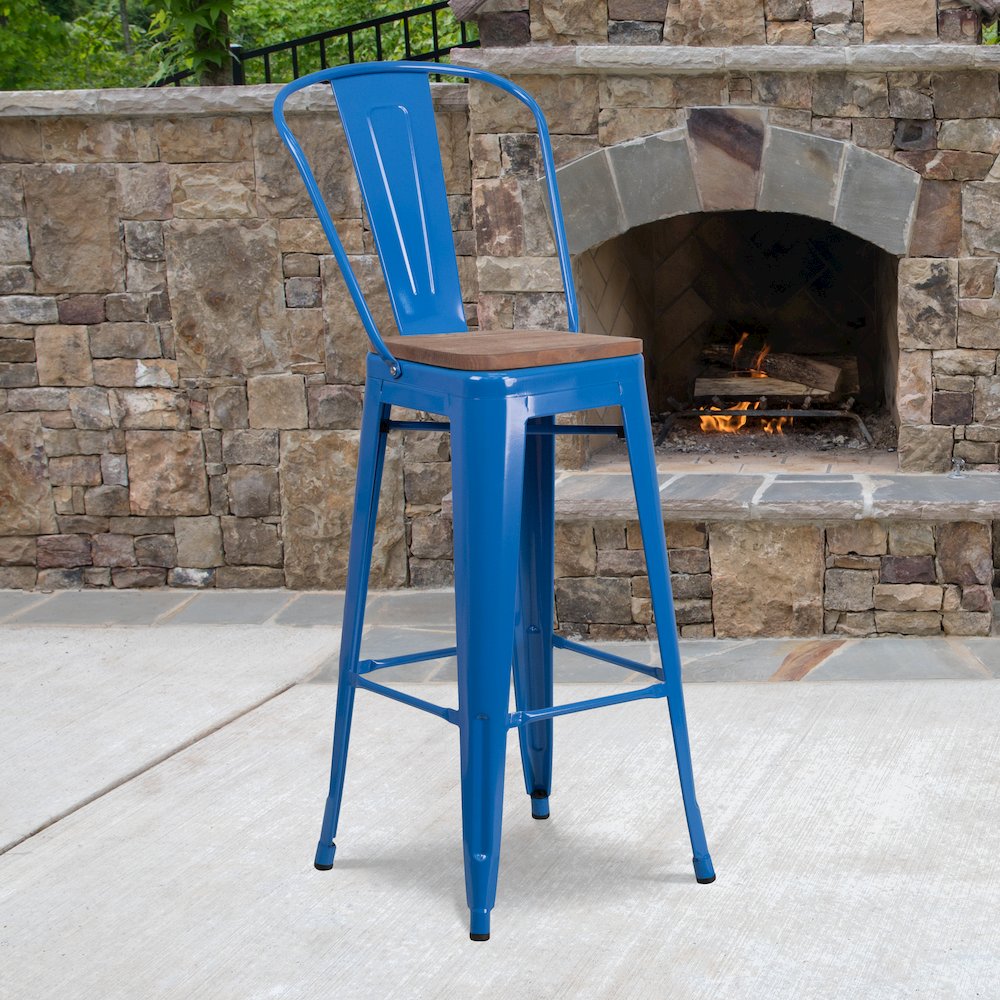 30" High Blue Metal Barstool with Back and Wood Seat. Picture 2