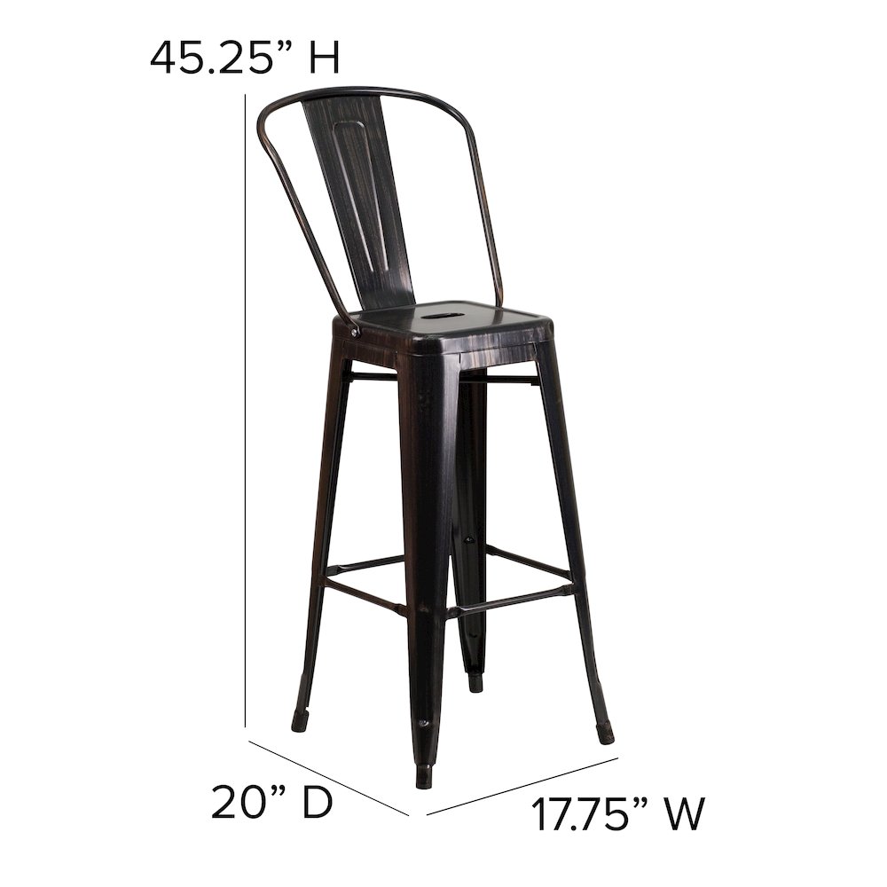 30" High Black-Antique Gold Metal Indoor-Outdoor Barstool with Removable Back. Picture 6