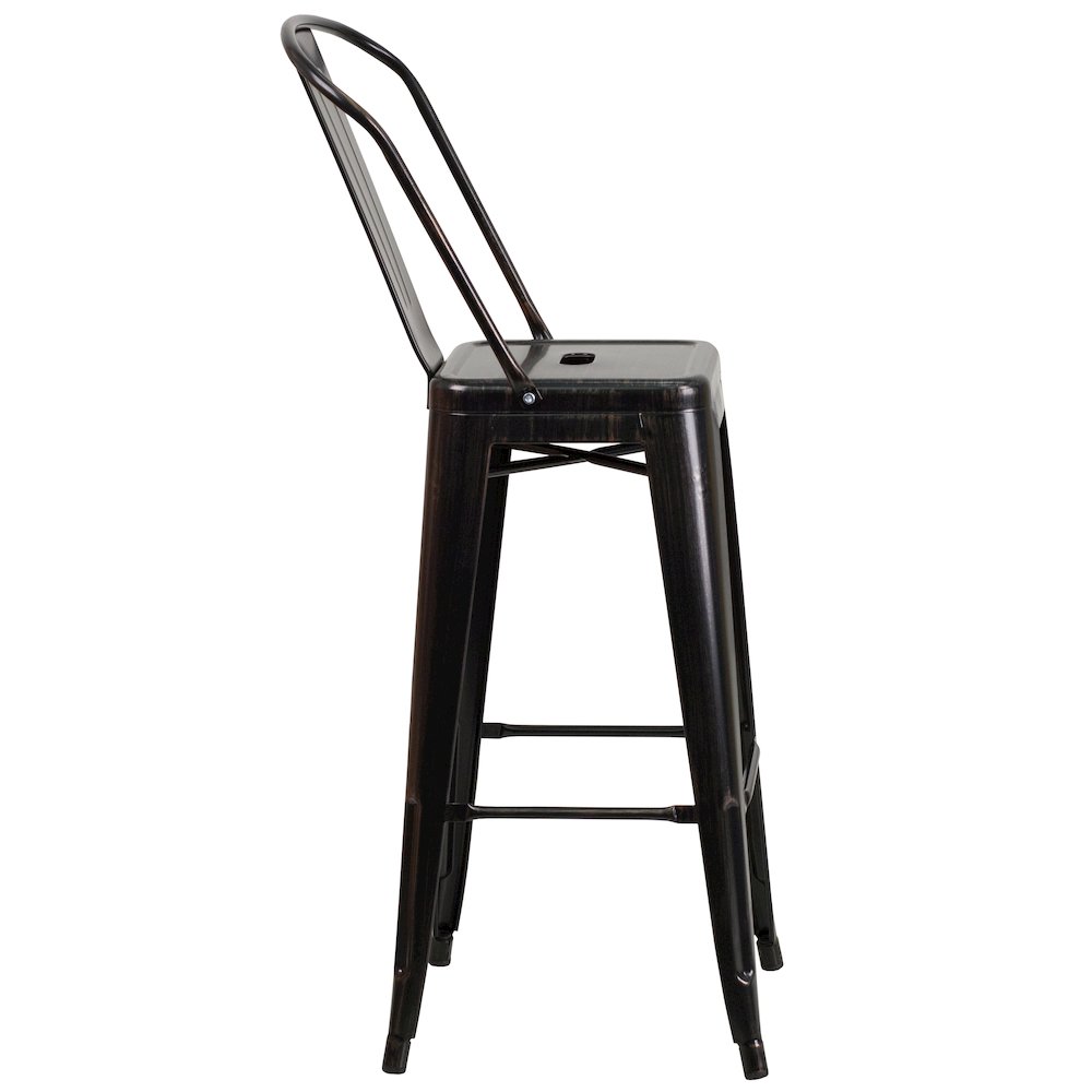 Commercial Grade 30" High Black-Antique Gold Metal Indoor-Outdoor Barstool with Removable Back. Picture 2