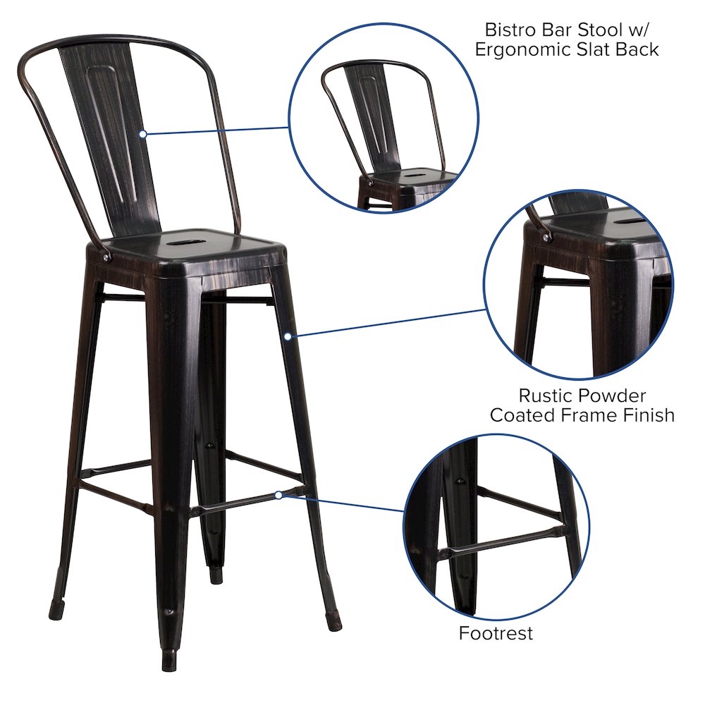 30" High Black-Antique Gold Metal Indoor-Outdoor Barstool with Removable Back. Picture 5