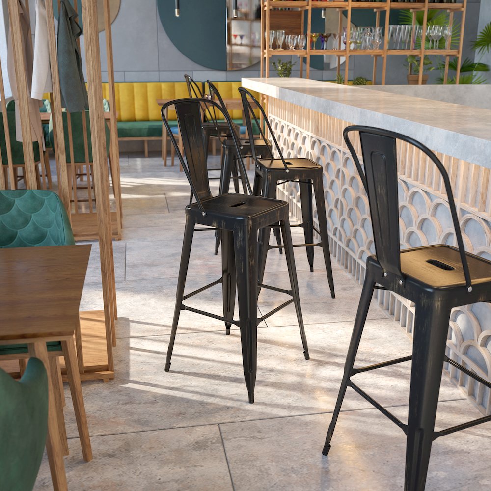 Commercial Grade 30" High Black-Antique Gold Metal Indoor-Outdoor Barstool with Removable Back. Picture 7