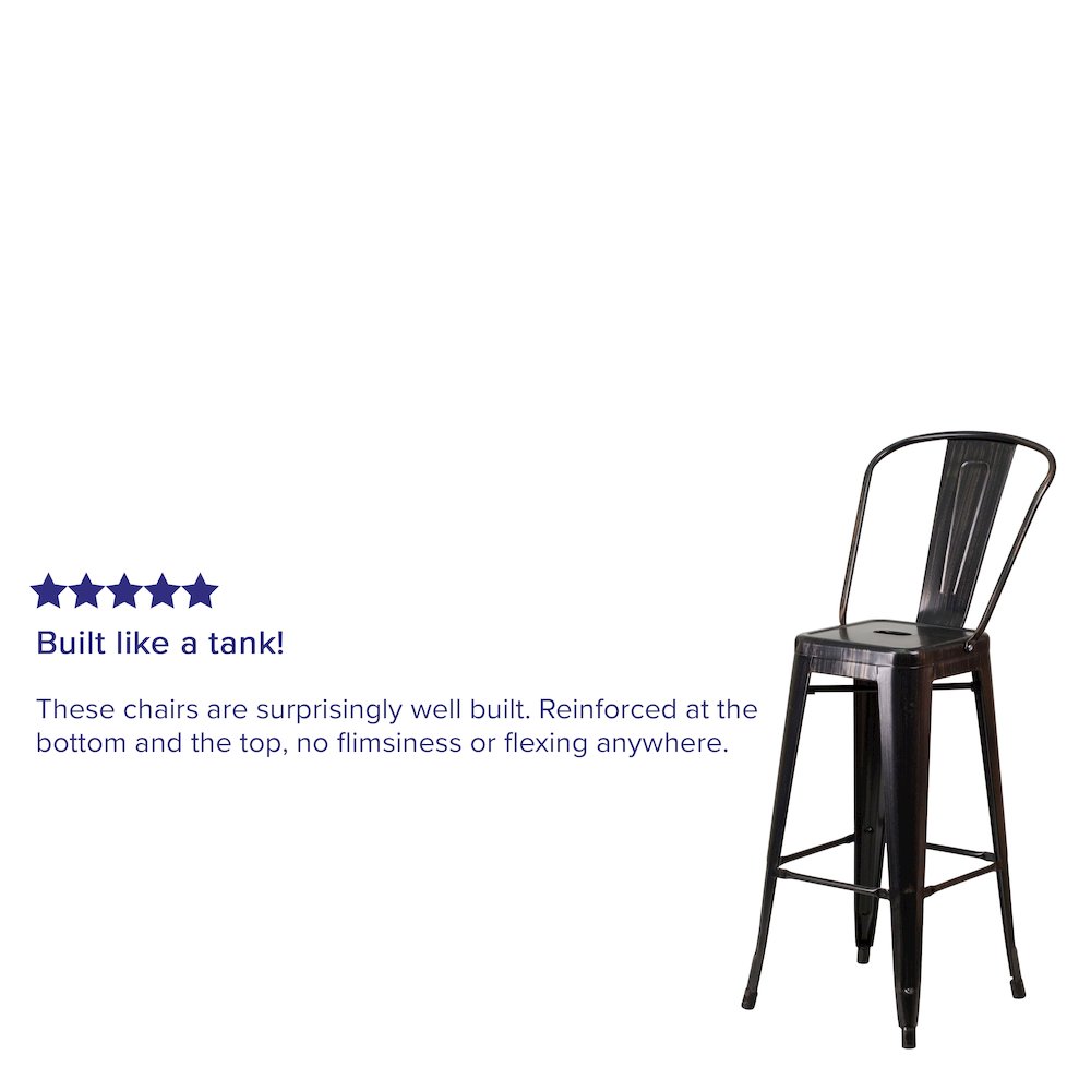 Commercial Grade 30" High Black-Antique Gold Metal Indoor-Outdoor Barstool with Removable Back. Picture 8