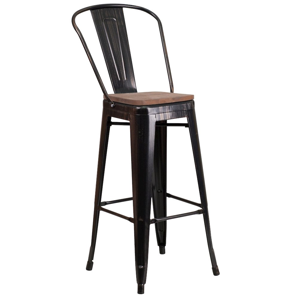 30" High Black-Antique Gold Metal Barstool with Back and Wood Seat. Picture 1