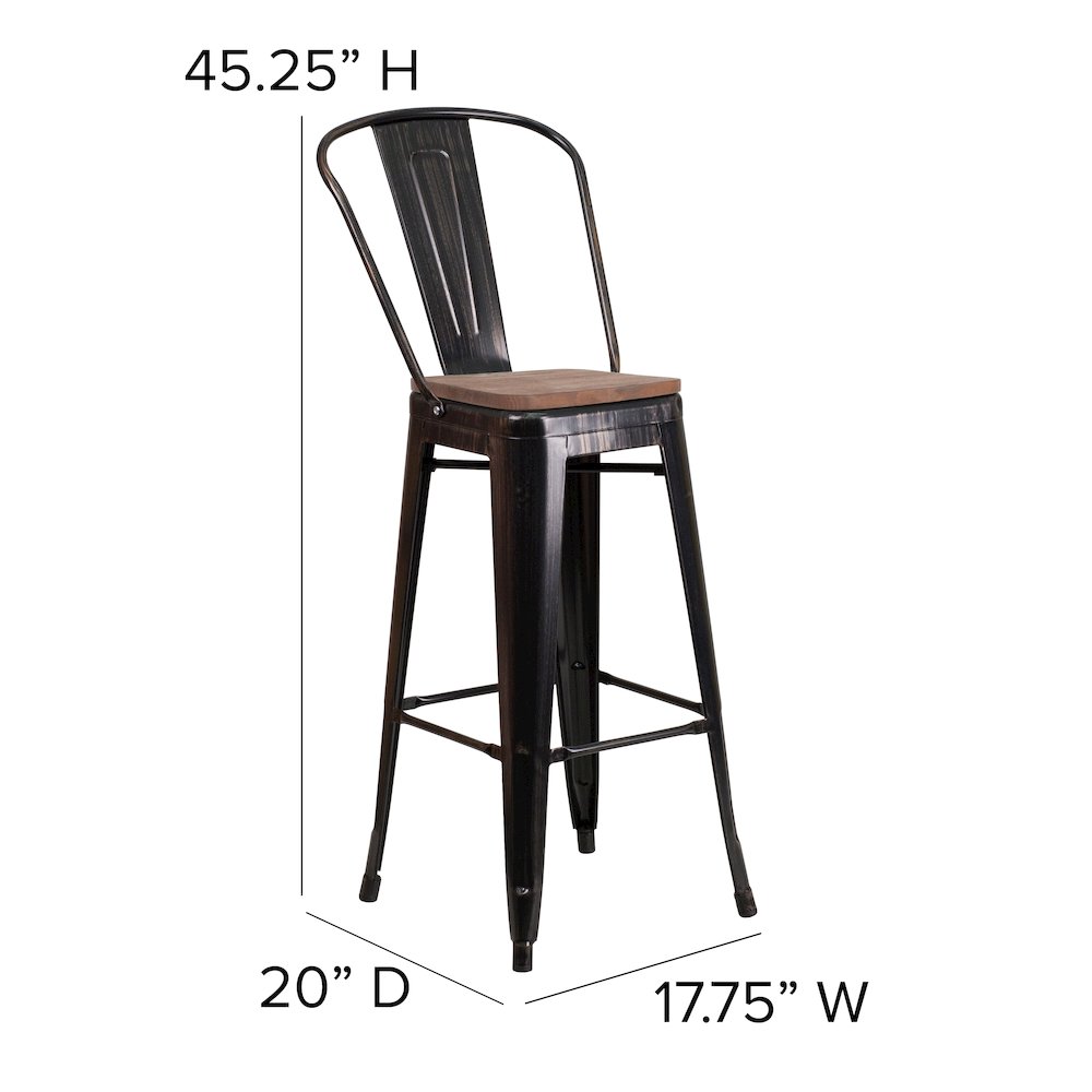 30" High Black-Antique Gold Metal Barstool with Back and Wood Seat. Picture 5
