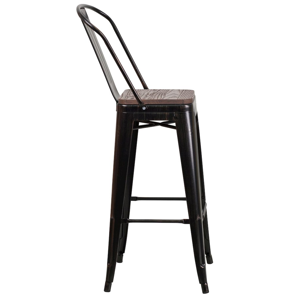 30" High Black-Antique Gold Metal Barstool with Back and Wood Seat. Picture 2