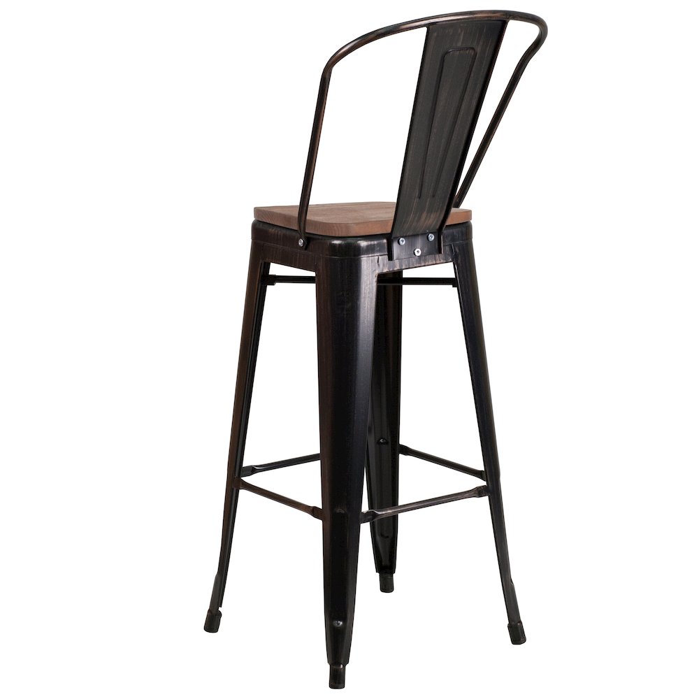 30" High Black-Antique Gold Metal Barstool with Back and Wood Seat. Picture 3