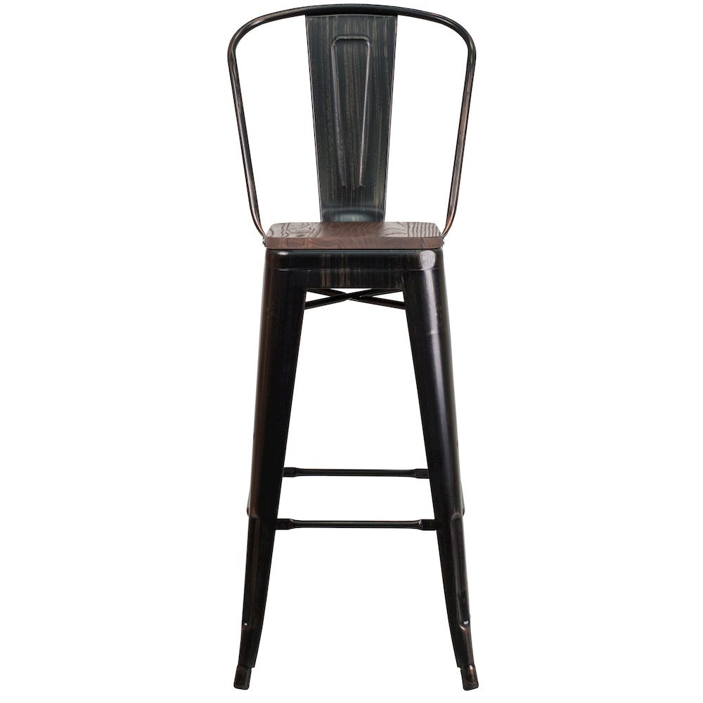 30" High Black-Antique Gold Metal Barstool with Back and Wood Seat. Picture 4