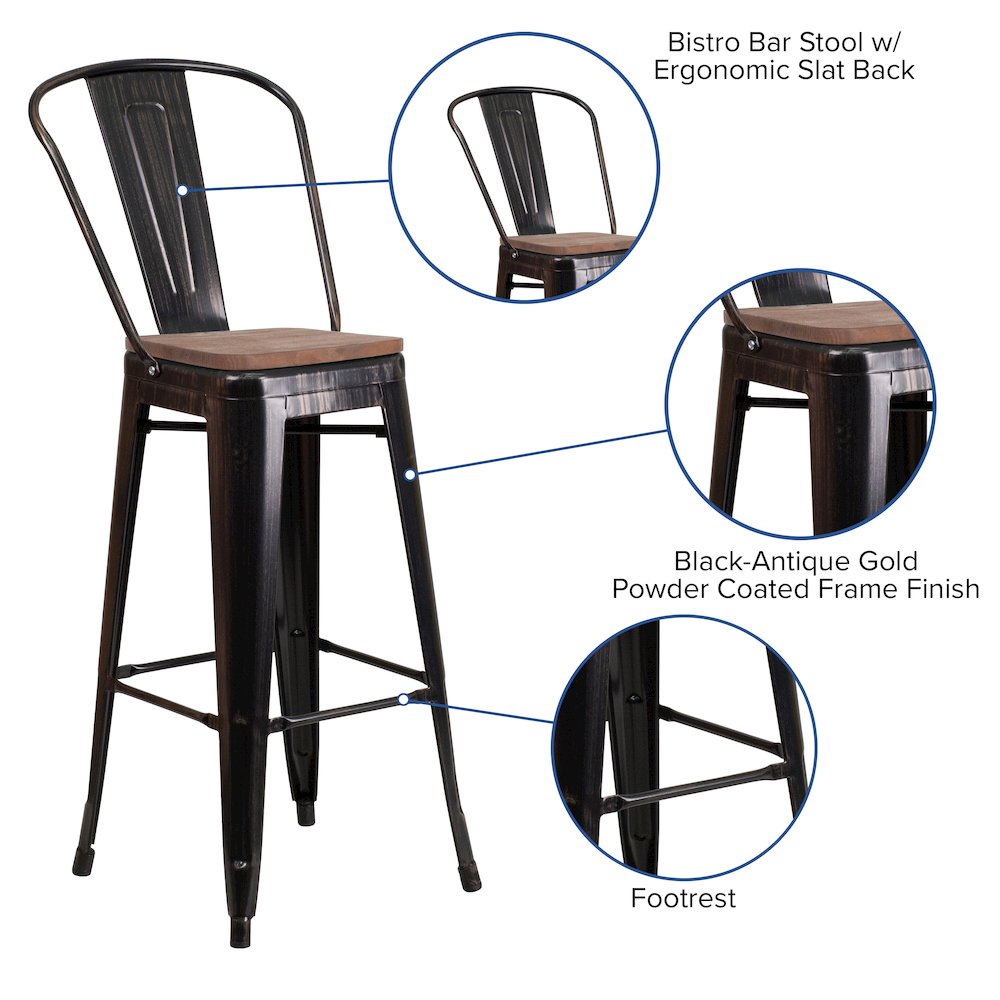 30" High Black-Antique Gold Metal Barstool with Back and Wood Seat. Picture 4