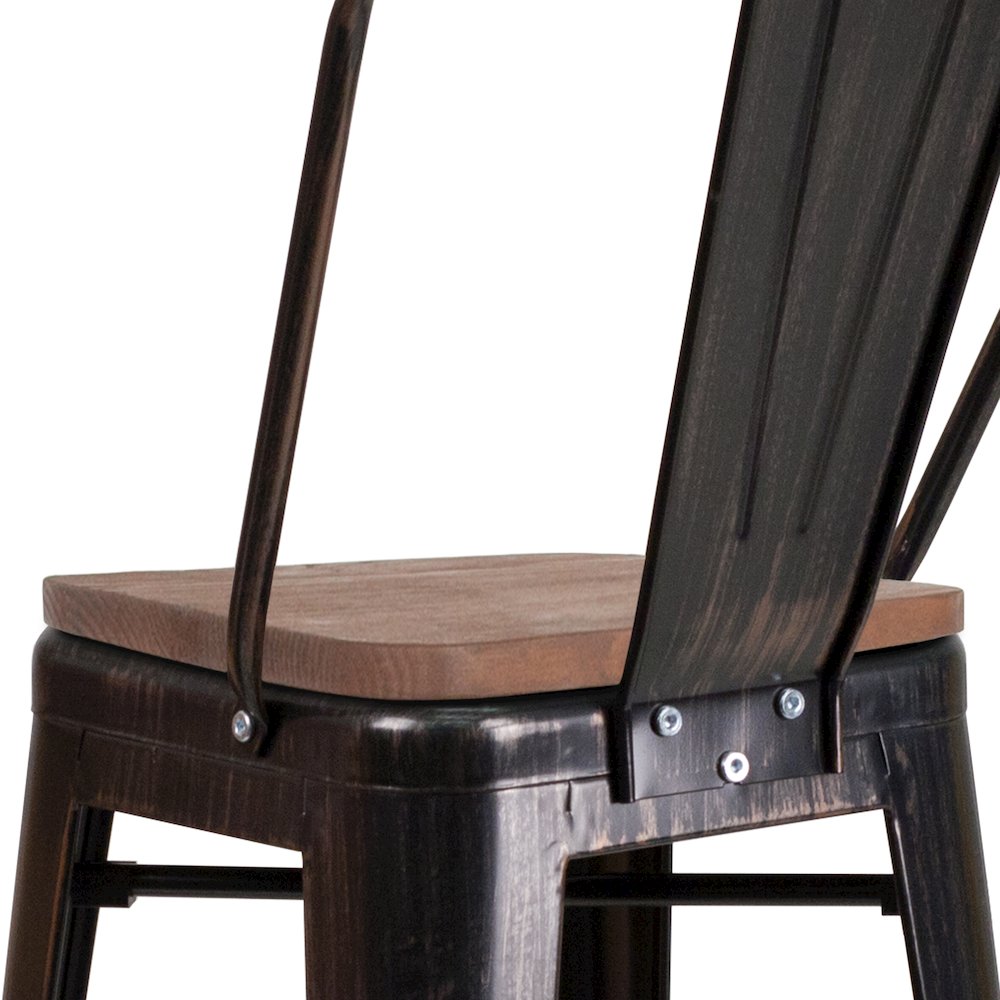 30" High Black-Antique Gold Metal Barstool with Back and Wood Seat. Picture 7