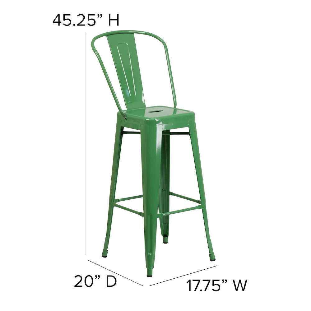 30" High Green Metal Indoor-Outdoor Barstool with Removable Back. Picture 6