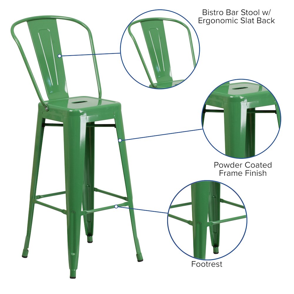 30" High Green Metal Indoor-Outdoor Barstool with Removable Back. Picture 5
