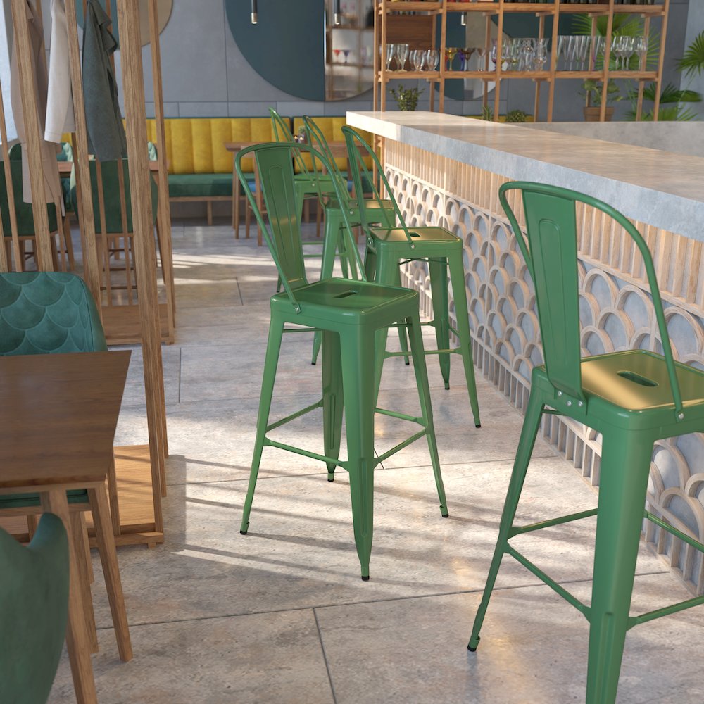 30" High Green Metal Indoor-Outdoor Barstool with Removable Back. Picture 2