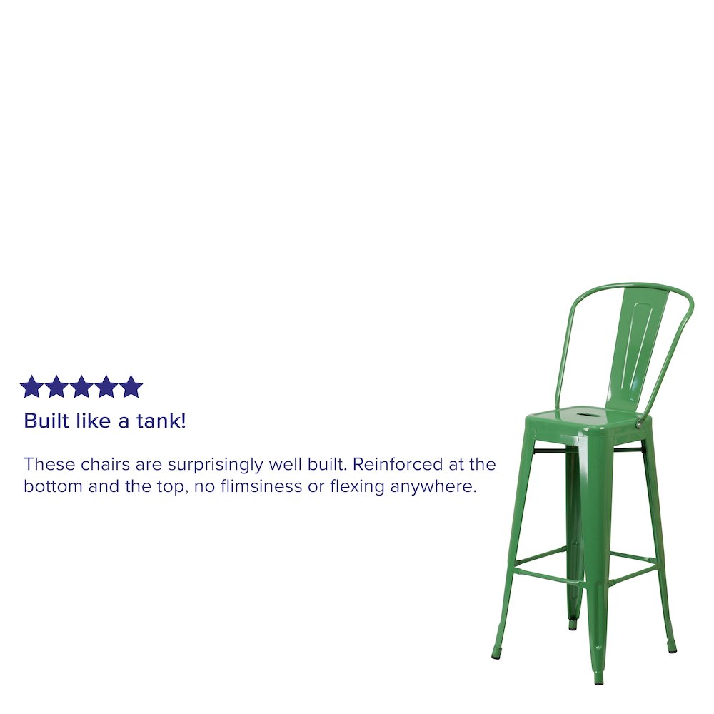 30" High Green Metal Indoor-Outdoor Barstool with Removable Back. Picture 4