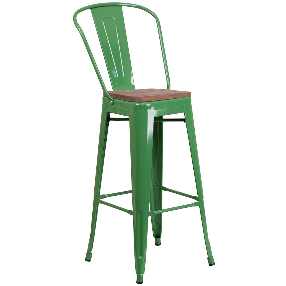 30" High Green Metal Barstool with Back and Wood Seat. Picture 1