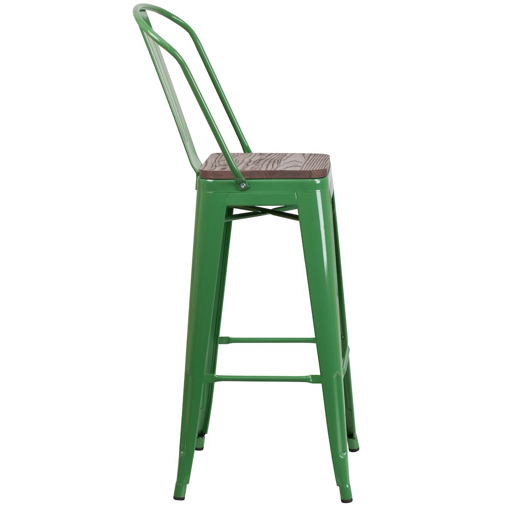 30" High Green Metal Barstool with Back and Wood Seat. Picture 5