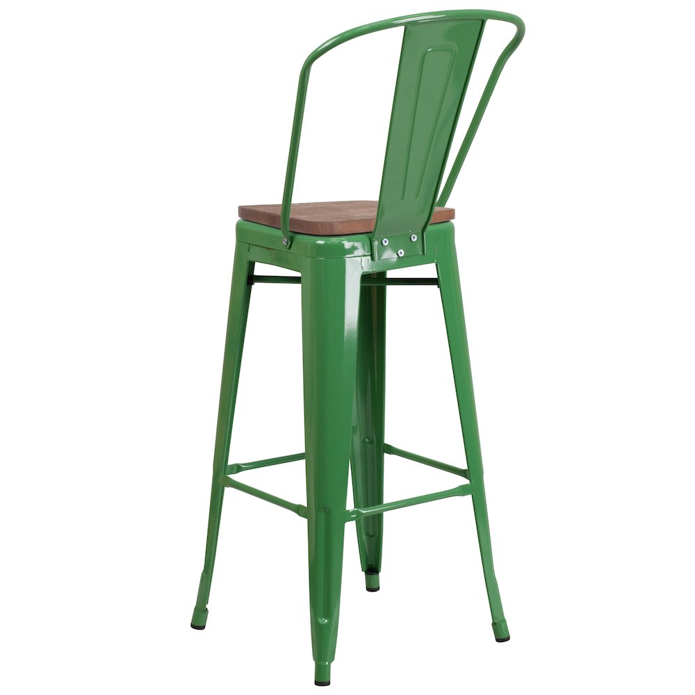 30" High Green Metal Barstool with Back and Wood Seat. Picture 4