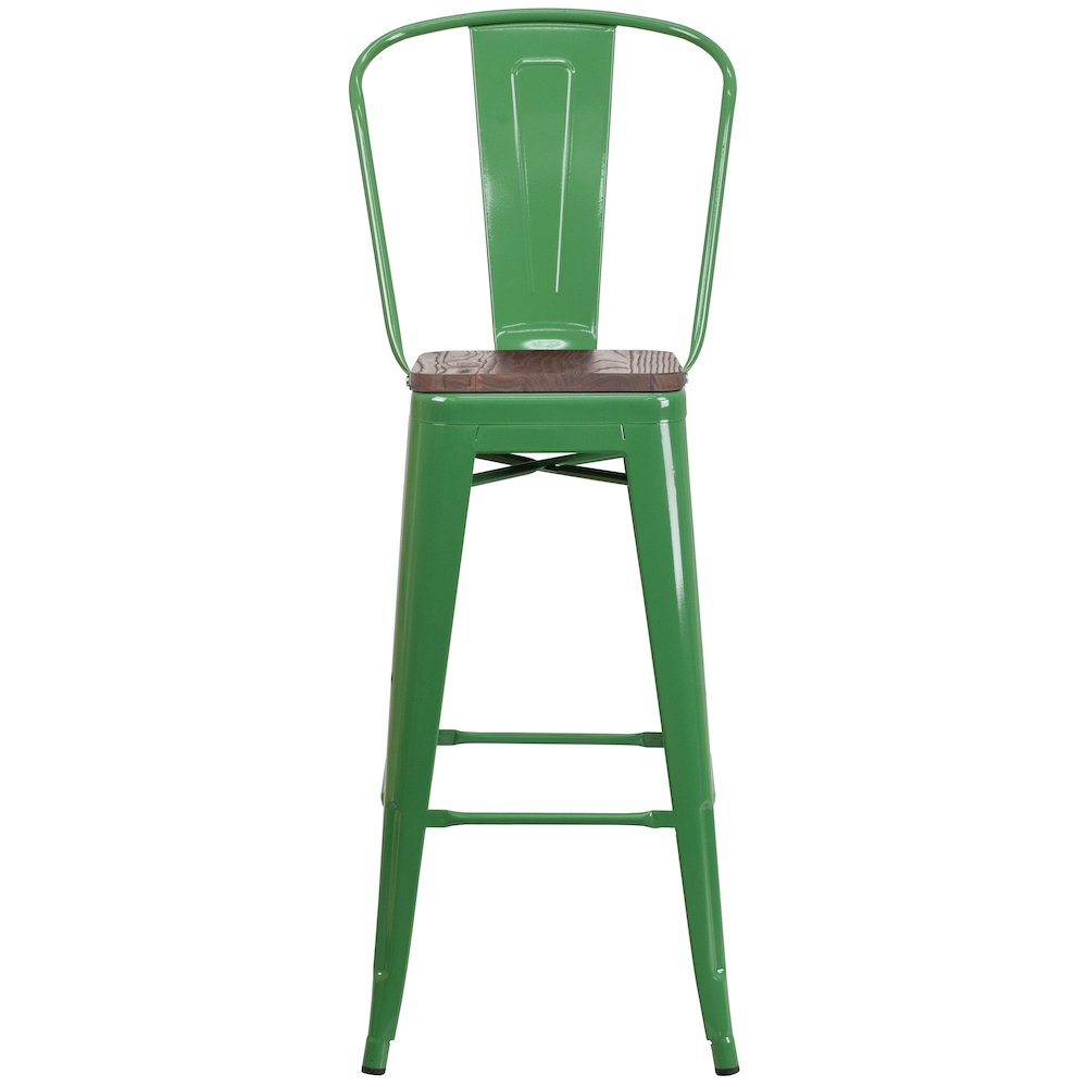 30" High Green Metal Barstool with Back and Wood Seat. Picture 6
