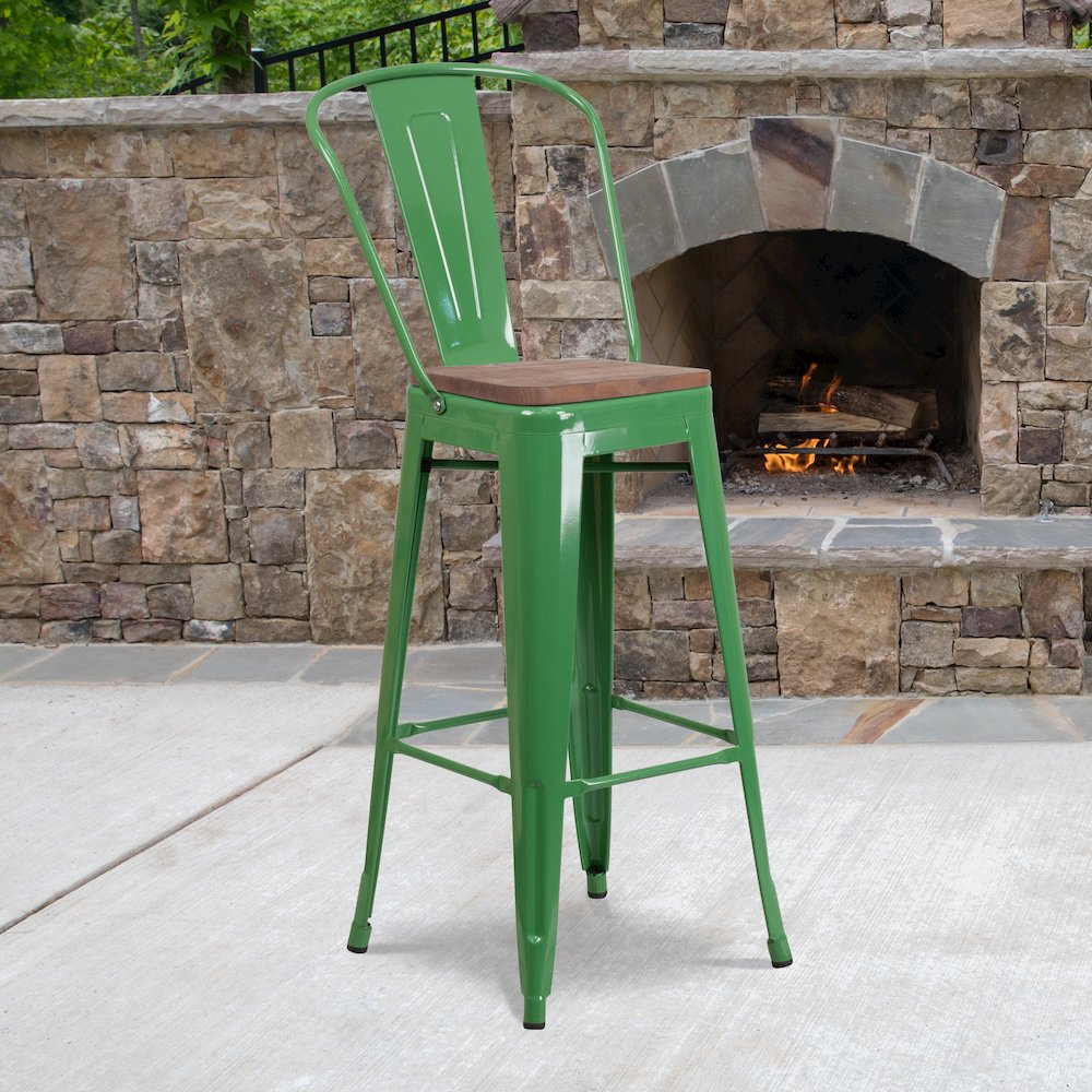 30" High Green Metal Barstool with Back and Wood Seat. Picture 2