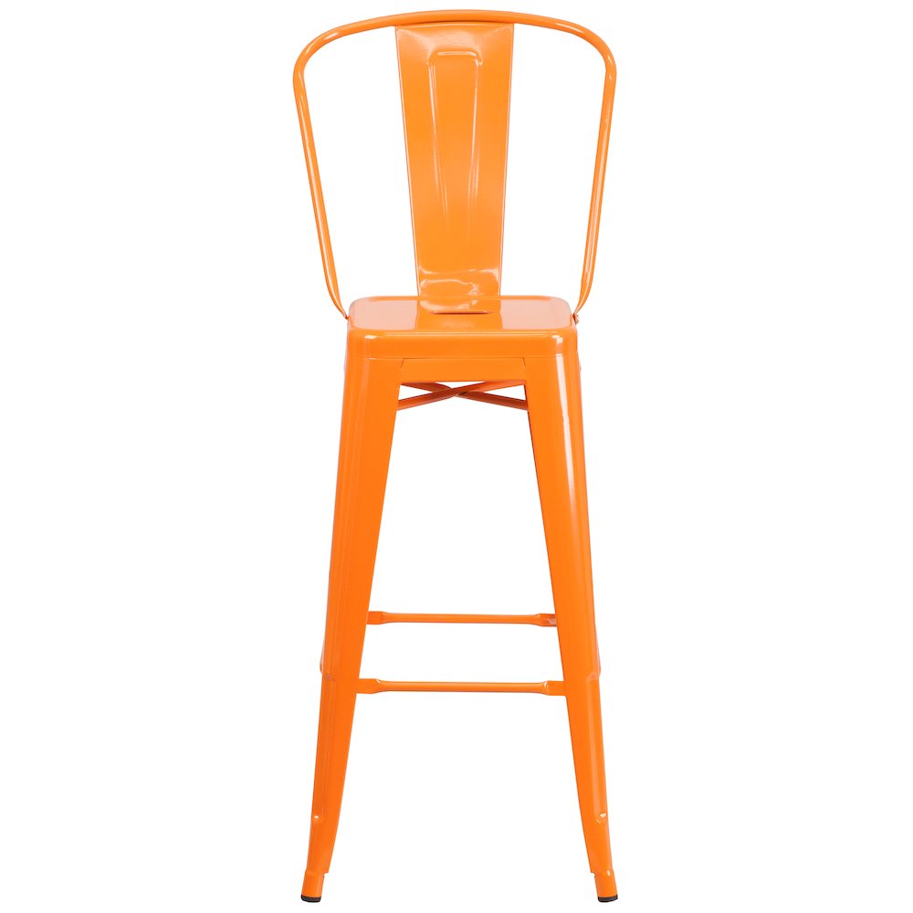 Commercial Grade 30" High Orange Metal Indoor-Outdoor Barstool with Removable Back. Picture 4