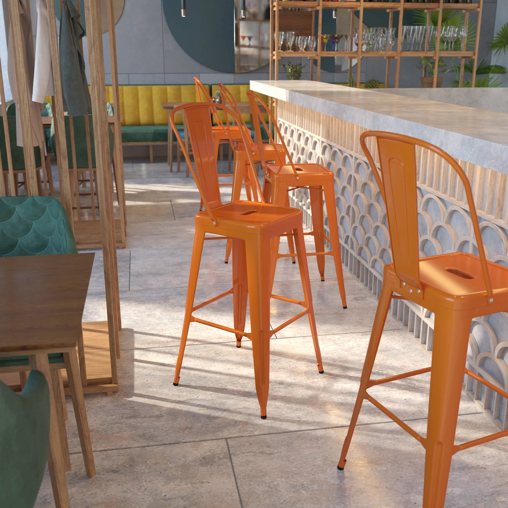 Commercial Grade 30" High Orange Metal Indoor-Outdoor Barstool with Removable Back. Picture 5