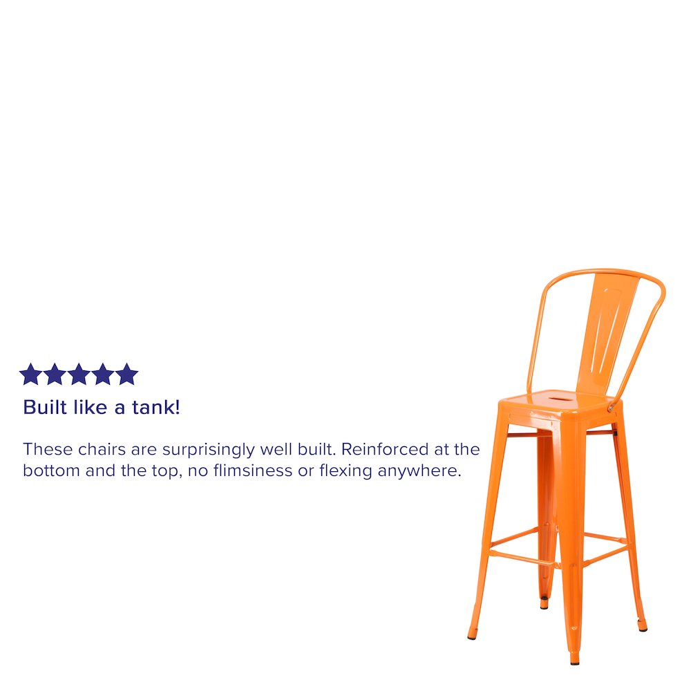 Commercial Grade 30" High Orange Metal Indoor-Outdoor Barstool with Removable Back. Picture 6