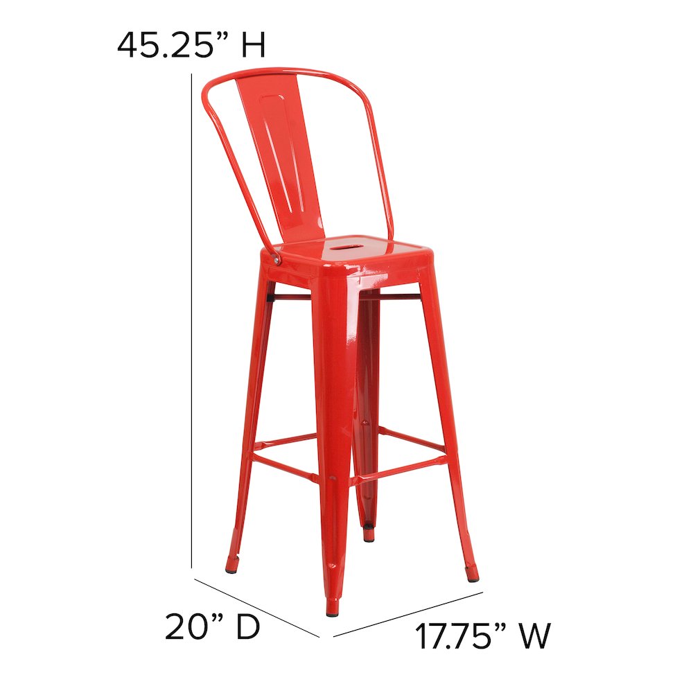 30" High Red Metal Indoor-Outdoor Barstool with Removable Back. Picture 6