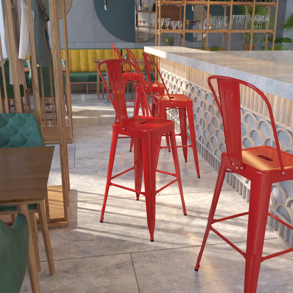 Commercial Grade 30" High Red Metal Indoor-Outdoor Barstool with Removable Back. Picture 8