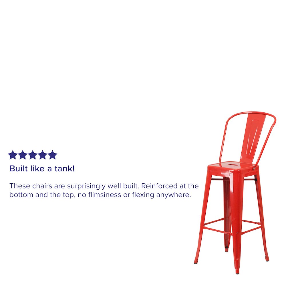 Commercial Grade 30" High Red Metal Indoor-Outdoor Barstool with Removable Back. Picture 9